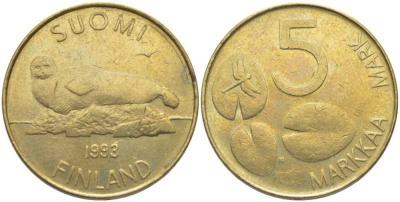 ФИНЛЯНДИЯ 5 МАРОК 1993 М, МОРЖ KM 73 медь алюминий никель 117-316