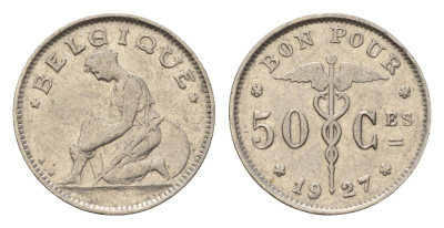 Бельгия 50 сантимов 1927 Belgique, Альберт I (1910-1934) KM 87 никель 4611-266