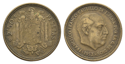 Испания 2,5 песеты 1953 (54) Франсиско Франко (1939-1975) KM 785 алюминиевая бронза 4119-1223