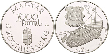 Венгрия 1000 форинтов 1995 старый дунайский корабль "HABLEANY" KM 714 серебро PROOF 1081-6-32