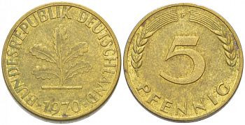 ФРГ 5 ПФЕННИГОВ 1970 F KM 107 J. 382 сталь плакированная латунью 3955-558