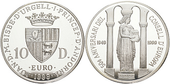 Андорра 10 динеров 1999 50 лет совету Европы, статуя прав человека KM 154 серебро PROOF 11-252-23