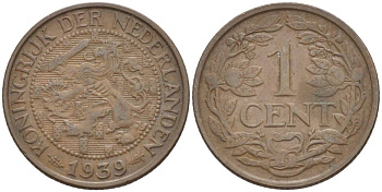 Нидерланды 1 цент 1939 Вильгельмина I (1890-1948) KM 152 бронза 4532-1125