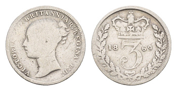 Великобритания 3 пенса 1869 Виктория (1837-1901), редкий год KM 730, Spink 3914 серебро 1520-1241