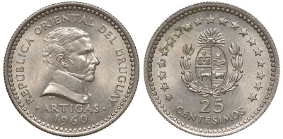 Уругвай 25 сентесимо 1960 KM 40 медно-никель 4169-827