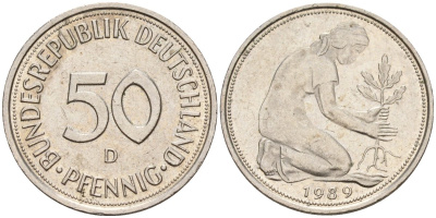 ФРГ 50 пфеннигов 1989 D KM 109, J. 384 медно-никель 4177-723
