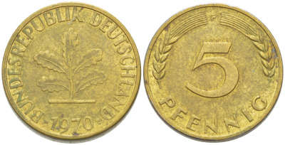 ФРГ 5 ПФЕННИГОВ 1970 F KM 107 J. 382 сталь плакированная латунью 3955-558