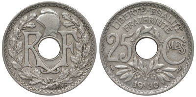 Франция 25 сантимов 1930 тип Lindauer KM 867а, Le Franc 171.14 медно-никель 4128-222