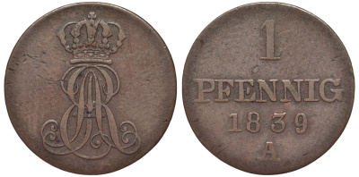 Ганновер 1 пфенниг 1839 A, Эрнст Август (1837-1851) KM 173.1, AKS 126, J. 54 медь 75-869
