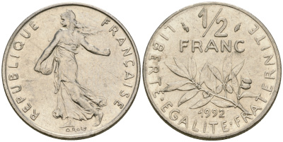 Франция 1/2 франка 1992 сеятель KM 931.1 никель 25-1251