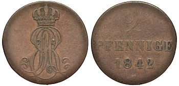 Ганновер 2 пфеннига 1842 S, Эрнст Август (1837-1851) KM 174.2, AKS 123, J. 55 медь 75-1731