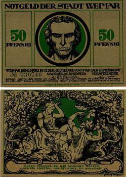 ВЕЙМАР, ГЕРМАНИЯ 50 ПФЕННИГОВ 1921 НОТГЕЛЬД, ЗЕМЛЯ ТЮРИНГИЯ, 1 МАРТА 1921, ЗЕЛЁНАЯ ARNOLD KELLER 1398.6 бумага UNC (ПРЕСС) 7551-33-4-2