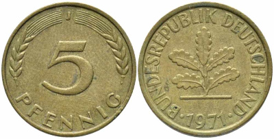 ФРГ 5 ПФЕННИГОВ 1971 J KM 107, J. 382 сталь плакированная латунью 112-145