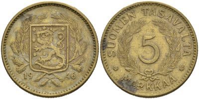 ФИНЛЯНДИЯ 5 МАРОК 1946 S KM 31 алюминиевая бронза 4563-354