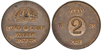 Швеция 2 эре 1965 U, Густав VI Адольф (1950-1973) KM 821 бронза 51-2826
