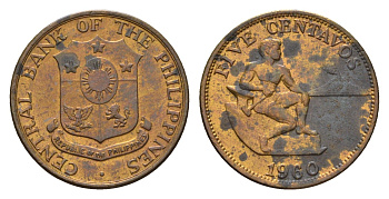 Филиппины 5 сентаво 1960 KM 187 латунь 4640-219