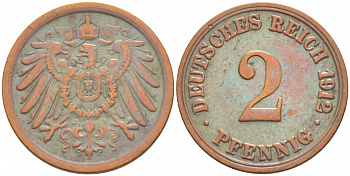 Германия 2 пфеннига 1912 A KM 16, J. 11, Weege 4 медь 3718-236