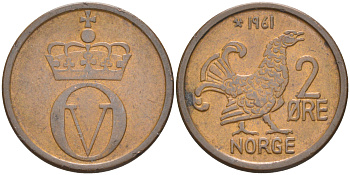 НОРВЕГИЯ 2 ЭРЕ 1961 КУРИЦА, ОЛАФ V (1957-1991) KM 410 бронза 98-726