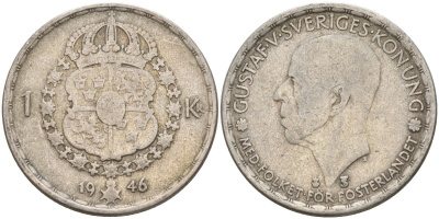 Швеция 1 крона 1946 TS, Густав V (1907-1950) KM 814 серебро 4148-1033