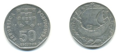 ПОРТУГАЛИЯ 50 ЭСКУДО 1987 КОРАБЛЬ KM 636 медно-никель 56-1131