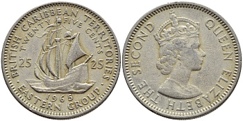 Британские Восточно-Карибские территории 25 центов 1965 Елизавета II (1952-2022), парусник KM 6 медно-никель 73-1826