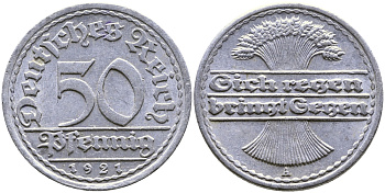 Германия 50 пфеннигов 1921 A KM 27, J.301, Weege 10 алюминий 87-252