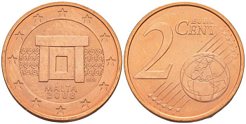 Мальта 2 евроцента 2008 KM 126 сталь плакированная медью UNC 54-966