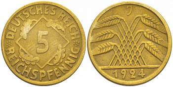 ГЕРМАНИЯ 5 РЕЙХСПФЕННИГОВ 1924 J, KM 39, J. 316 алюминиевая бронза 3996-1128