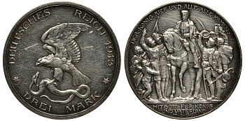 Пруссия 3 марки 1913 Вильгельм II (1888-1918), 100 лет победы над Наполеоном KM 534, J. 110 серебро 3711-1322