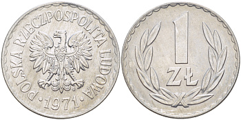 ПОЛЬША 1 ЗЛОТЫЙ 1971 MW KM 49.1, Parchimowicz 213h алюминий UNC 216-821