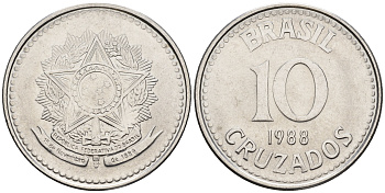 Бразилия 10 крузадо 1988 реформа 1986-1989 KM 607 нержавеющая сталь 87-553