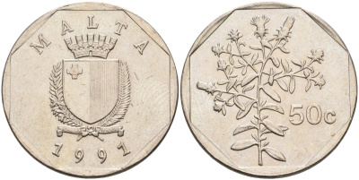 Мальта 50 центов 1991 девясил KM 98 медно-никель 216-744