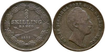 Швеция 2/3 скиллинга 1855 Оскар I (1844-1859) KM 663 медь 4384-653