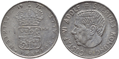 Швеция 1 крона 1973 Густав VI Адольф (1950-1973) KM 826а медь плакированная медно-никелем 4395-337