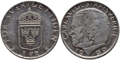 Швеция 1 крона 1999 Карл XVI Густав (1973- ) KM 852a медно-никель 4385-421