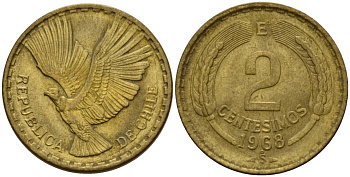 Чили 2 сентесимо 1968 KM 193 алюминиевая бронза 4158-716