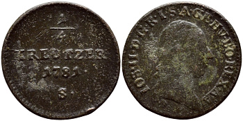 АВСТРИЯ 1/4 КРЕЙЦЕРА 1781 S, ЖОЗЕФ II (1780-1790) KM 2051 медь 1524-1045