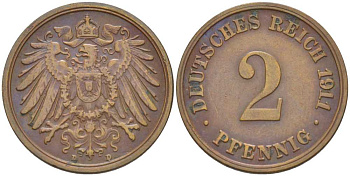 ГЕРМАНИЯ 2 ПФЕННИГА 1911 D KM 16, J. 11, Weege 4 медь 206-558