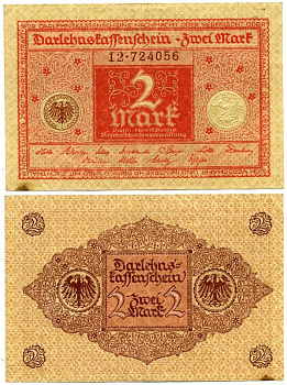 ГЕРМАНИЯ 2 МАРКИ 1920 1 МАРТА 1920, ВЕЙМАРСКАЯ РЕСПУБЛИКА, КРАСНАЯ, СЕРИЯ 12 Pick 59, Rosenberg 65b бумага 7523-17-4