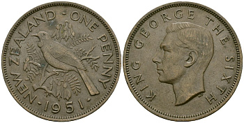 Новая Зеландия 1 пенни 1951 Птичка Туи, Георг VI (1937-1952) KM 21 бронза 4171-1216