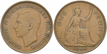 Великобритания 1 пенни 1944 Георг VI (1936-1952) KM 845, Spink 4114 бронза 3996-211