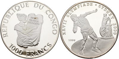 Конго 1000 франков 1999 XXVII олимпийские игры в Сиднее, метание ядра KM 23 серебро PROOF 00-000-00