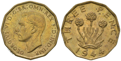 Великобритания 3 пенса 1944 Георг VI (1936-1952) KM 849, Spink 4112 никель латунь UNC 4163-642