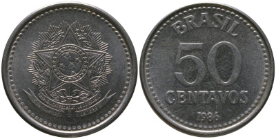 Бразилия 50 сентаво 1986 KM 604, Schon 113 нержавеющая сталь UNC 4577-1143