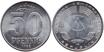 ГДР 50 пфеннигов 1968 А KM 12.2 алюминий UNC 76-1023