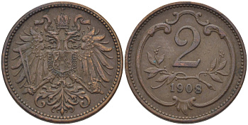 АВСТРИЯ 2 ГЕЛЛЕРА 1908 ФРАНЦ ЙОЗЕФ I (1848-1916) KM 2801 бронза 100-139