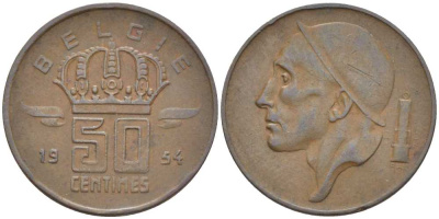 БЕЛЬГИЯ 50 САНТИМОВ 1954 BELGIE, БОДУЭН I (1951-1993) KM 145 бронза 116-962