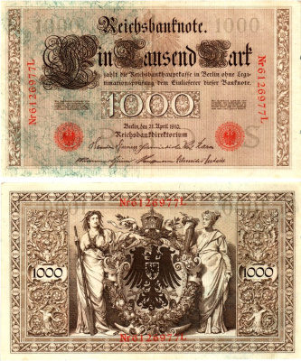 Германия 1000 марок 1910 Pick 44b бумага 7547-36-2-1