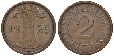 Германия 2 рейхспфеннига 1925 A KM 38, J. 314, Weege 4 бронза 4121-557