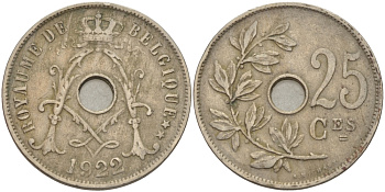 БЕЛЬГИЯ 25 САНТИМОВ 1922 BELGIQUE KM 68.1 медно-никель 38-233